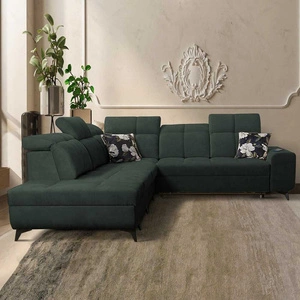 Rohová sedačka s funkcí spaní Buffalo IX zelená levá strana stylová rohová sedačka do pokoje z velurové tkaniny dekorativní polštáře