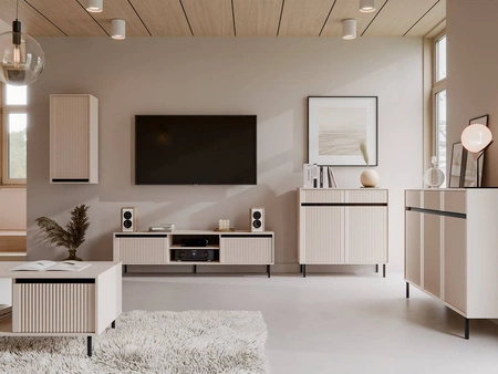 Nábytková sestava Osaka béžová / černá moderní design zvýrazněný módními barvami vysoké kovové černé nohy vkusné rýhované čelo