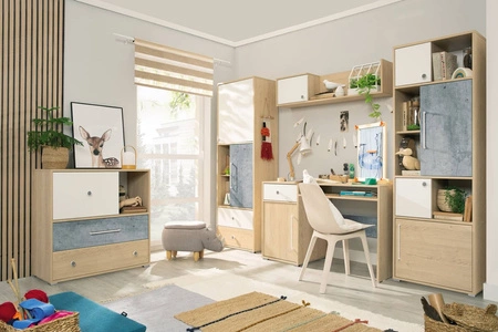 Komoda Cary 90 cm dub biskvit / bílá / beton ideální do pokoje pro mladé stylový a funkční má moderní vzhled