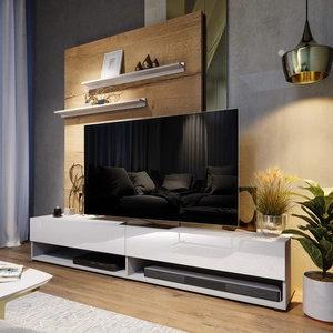 RTV skříňka Nea 180 cm bílá / bílý lesk se závěsem a policemi stylový design, který se hodí do každého interiéru